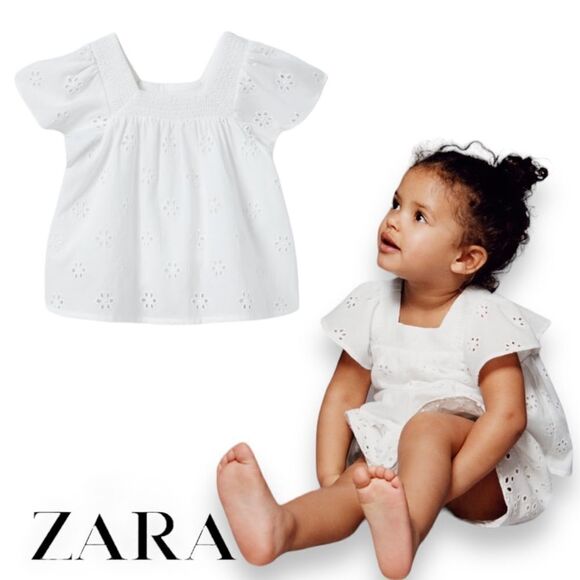 ZARA Kids | White | SMOCKED SCHIFFLI EMBROIDERY SHIRT - Picture 1 of 6